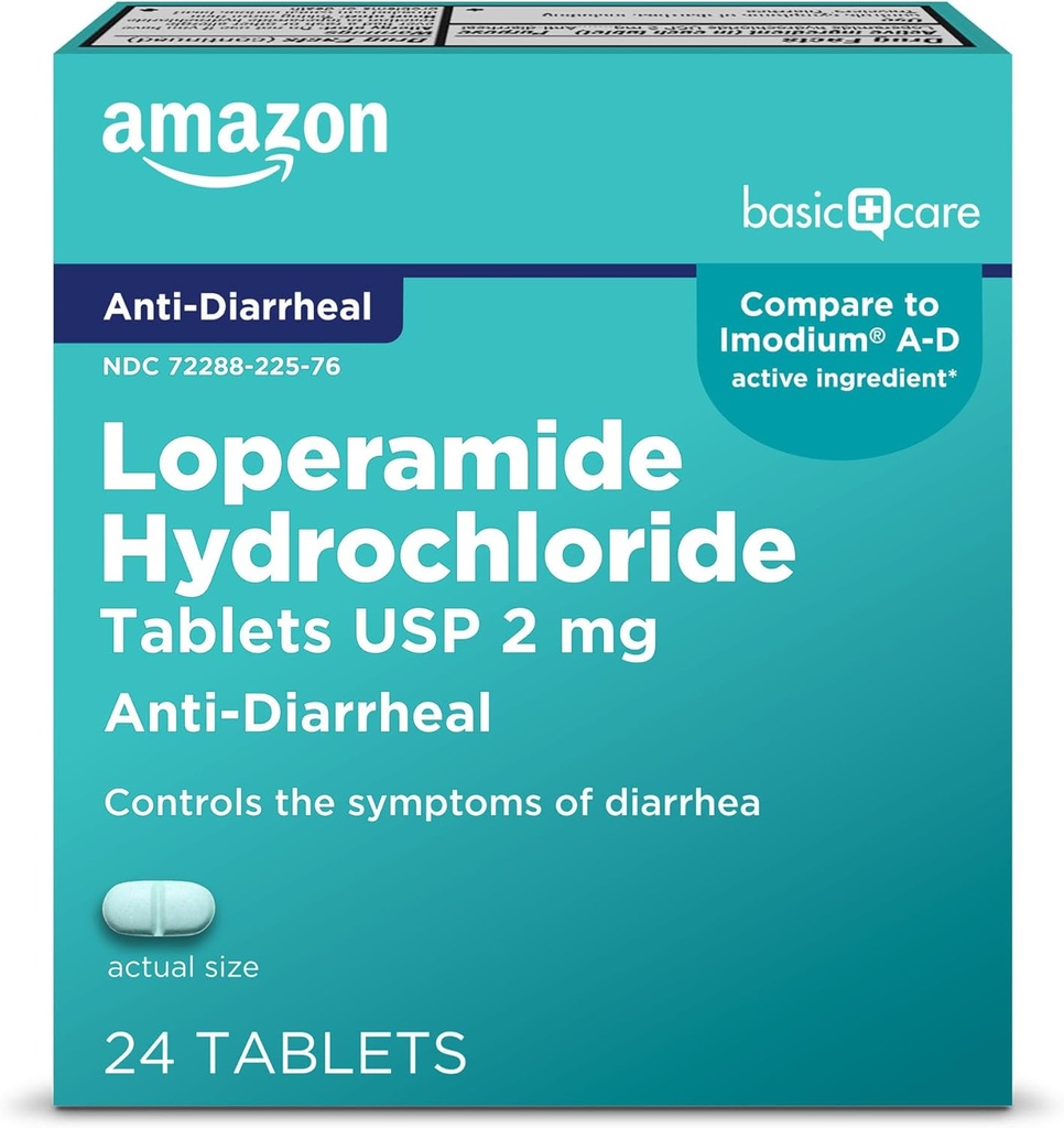 בסיסי טיפול Loperamide hydrochloride טבליות, 2 מ"ג, Anti-Diarrheal, 24 Count (Pack of 1) (Packing עשוי להשתנות)