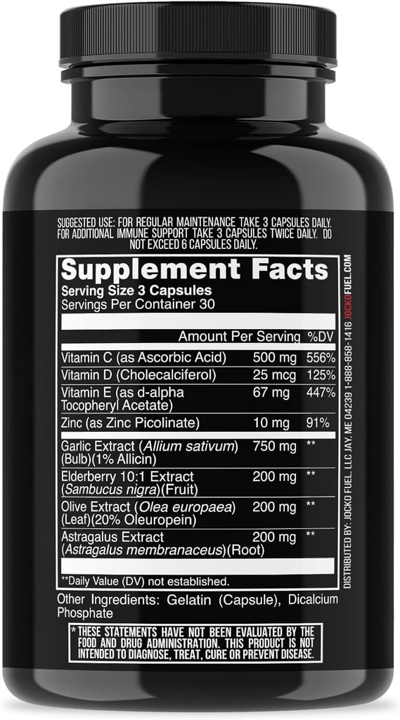 Jocko דלק Immune תמיכה תוסף - Elderberry עם Zinc & ויטמין C למבוגרים - Immune Defense עם ויטמין C, D3, Superfoods, Herbs, & מינרלים (90 קפסולות)