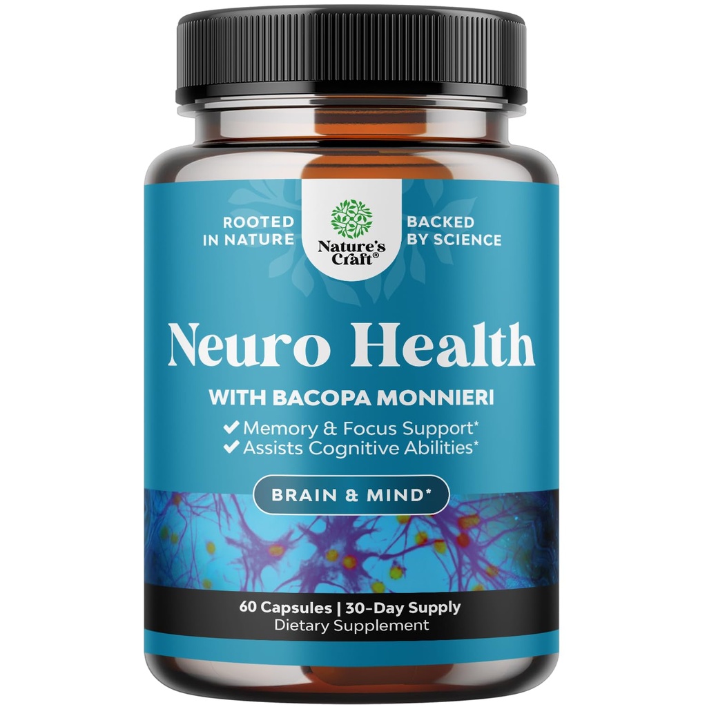 Nootropic Brain תוסף זיכרון ותמיכה ממוקדת - ויטמינים לתמיכה נפשית וקלילות עם Bacopa Monnieri, VIT A, B6, Riboflavin, Niacin, Thiamin & Folate - תרכובת קוגניטיבית - 60 Count Count Count Index - 60