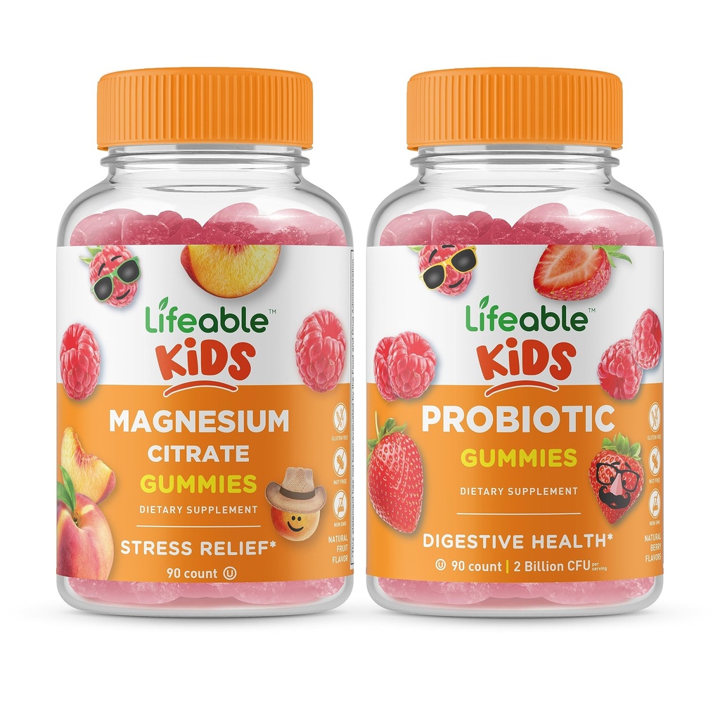Lifeable Magnesium Citrate Kids + Probiotic 2 מיליארד CFU Kids, Gummies Bundle - Great Tasting, ויטמין תוסף, Gluten Free, GMO חינם, Chewable Gummymy