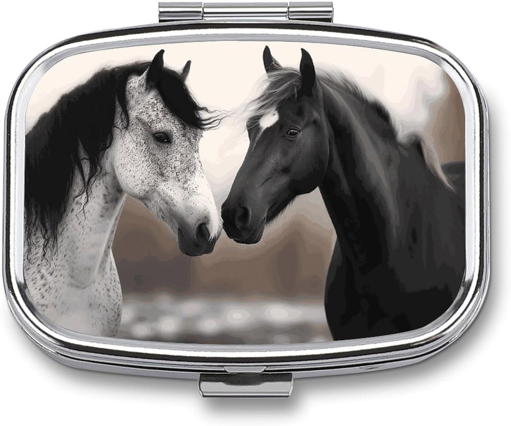 Black and White Horses Square Pill Box, 2 השוואת גלולות Pocket Box for Pocket Or Purse Portable Mini Travel Medicine Tablet