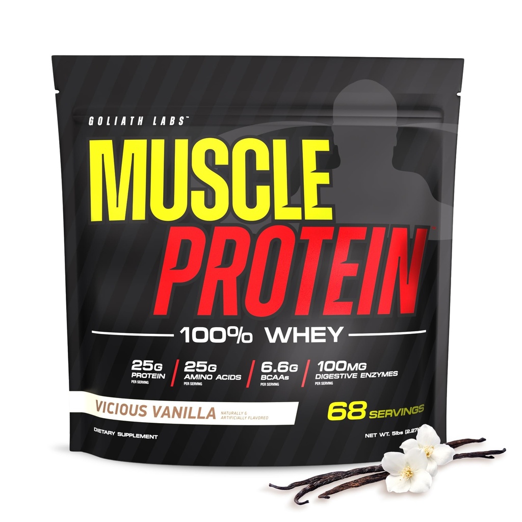 חלבון שרירי COLOSSAL LABS אבקת Whey (5 lbs / Pack של 1) - קר מסנן, 25g חלבון טהור, 6.6g BCAAs (Packaging May Vary) (5LB, Vanilla)