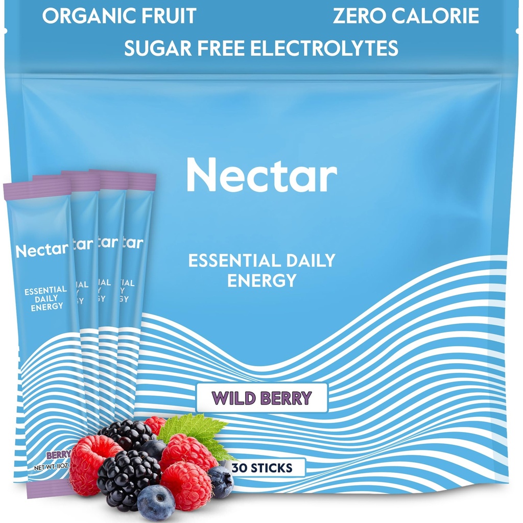 Nectar אנרגיה Booster - אורגני Caffeine, B12 & אלקטרוליטים - סוכר חינם & Zero Calorie - קפה בריא, משקאות אנרגיה ו-Soda Alternative - הידרציה ואנרגיה (Berry 30 אבקת Packets)