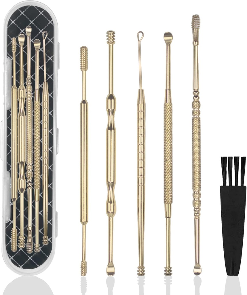 Hion 6 Pcs Extended Ear Wax Removal Kit, Professional Double-Headed אוזניים Pick Earwax Removal Tools,316L Stinless Steel Cleaner Curette עם ניקוי Brush ו- Storage Box, Suit for Kid Adult (Gold)