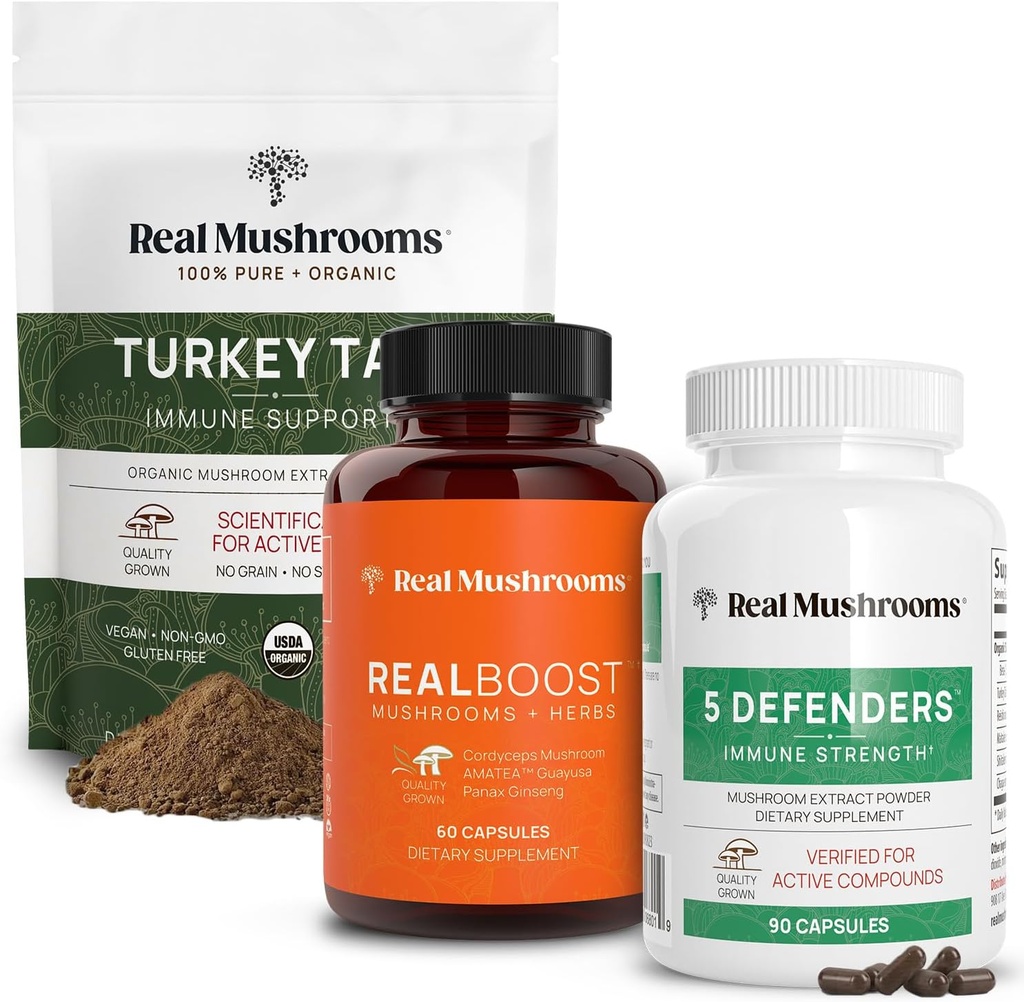 Real Mushrooms RealBoost (60ct), 5 Defenders (90ct) וטורקיה Tail Mushroom אבקת & כמוסות Bundle - תוסף Mushroom לאנרגיה, Vitality & Immune כוח - טבעוני, non-GMO