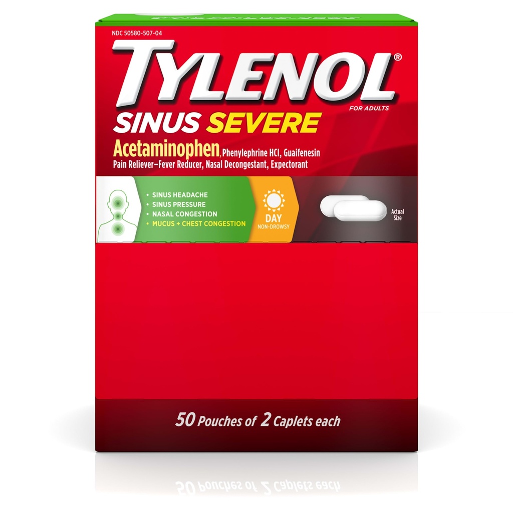 Tylenol Sinus Severe Day Caplets with Acetaminophen 325 מ"ג, Guaifenesin 200mg & Phenylephrine HCl 5 מ"ג, Non-Drowsy Pain Reliever, מצפה ו Nasal Decongestant, 50 חבילות נסיעות של 2 ct Packs של 2 ct