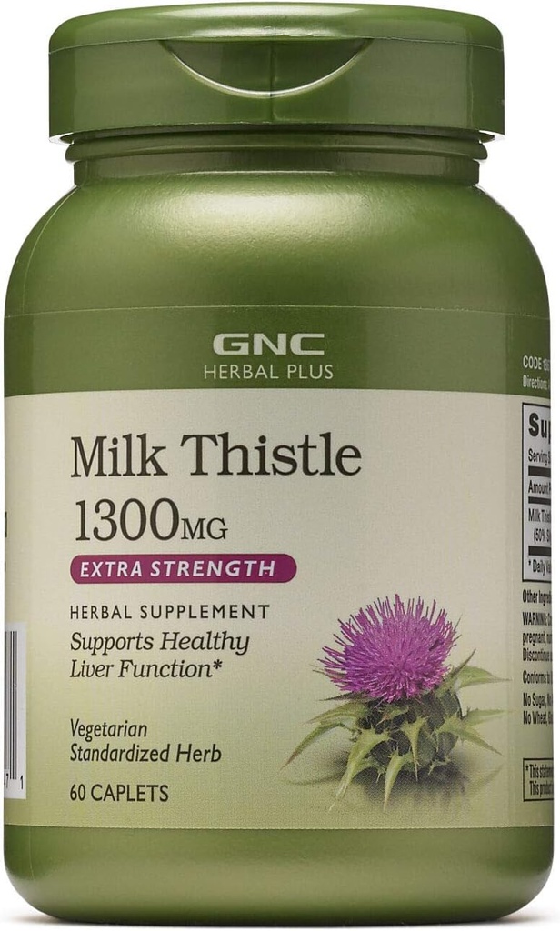 GNC Herbal Plus Milk Thistle 1300 מ"ג תוספת כוח, Vegetarian, תומך בתפקוד Liver בריא, 60 משרתים