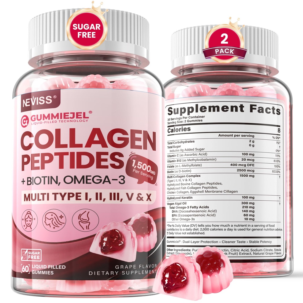 hydrolyzed Collagen Peptides, חניכיים ימיות עבור נשים גברים, Multi Collagen Type I II III V & X עבור צמיחת שיער, ריחות עור בריאים - coagen Gummy w / Hair ויטמינים biotin Keratin & ויטמין D3, 120Cts