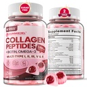 Collagen Peptides Pectin Gummies for Women Men w/Omega 3 and 1500mg Multi Collagen Type I II III V & X, Biotin Keratin for Hair Growth, Hydrolyzed Collagen Gummy Hair Skin and Nails Vitamins, 120ct