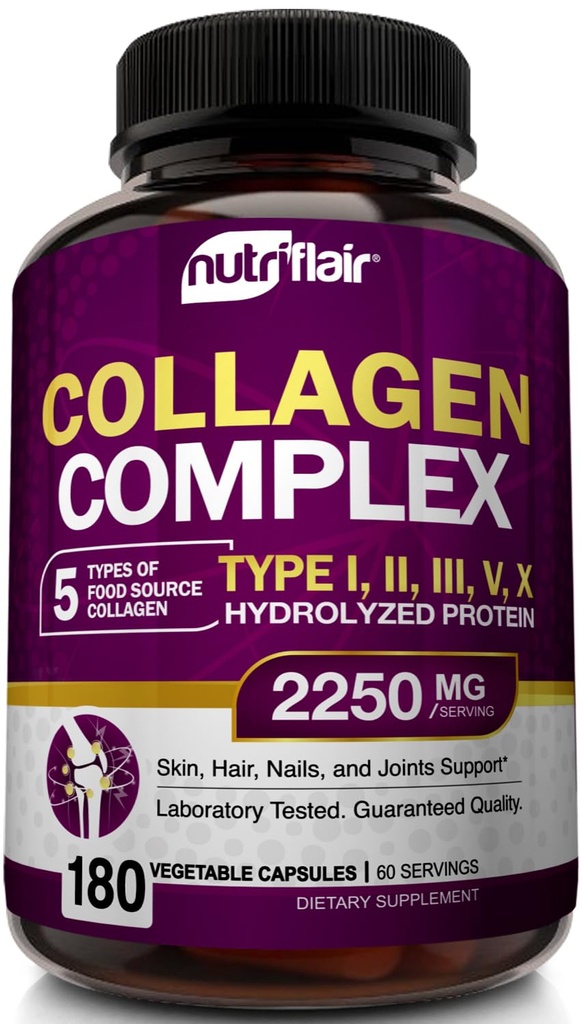 חומרים מזיניםFlair Multi Collagen Peptides 2250 מ"ג - סוג I, II, III, V, X - Collagen תוספי אבקת גלולות עבור נשים וגברים - חלבון מופחת, שיער בריא, עור, ציפורניים - non-GMO (180 קפסולות)