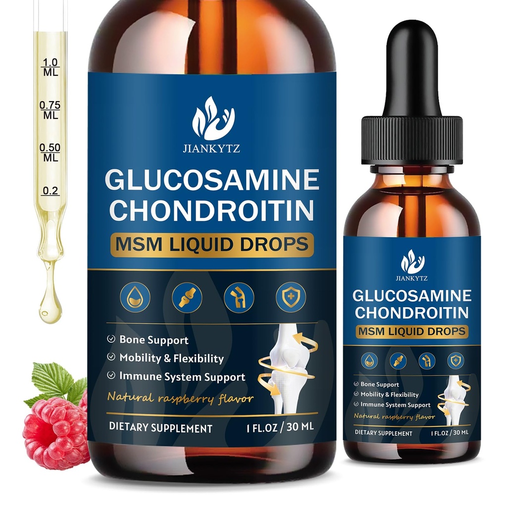 (2 Pack) Glucosamine Chondroitin MSM נוזל טיפות, High Absorption, Antioxidant, Immune, העצם תמיכה, MSM תוספת לגברים ונשים, טבעוני, סוכר חינם, Raspberry Flavor, 1 Fl Oz Oz