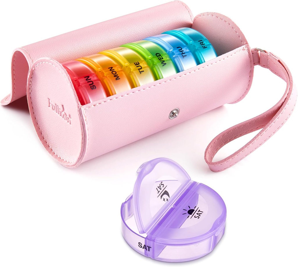Fullicon PU Case Weekly Pill Box Organiser 2 Times A Day, Travel 7 Day Pill Boxes, Portable Tablet Organiser for Medicine, Medicine, Vietnam, שמן דגים (Pink/Rainbow)
