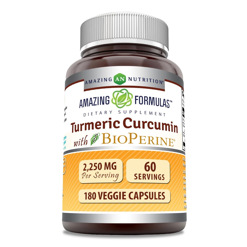 פורמולה מדהימה Turmeric Curcumin עם תוסף Bioperine | 2250 מ"ג ל- Veggie קפסולות | Non-GMO | Gluten-Free | Made in USA (1 Pack, 180 Count)