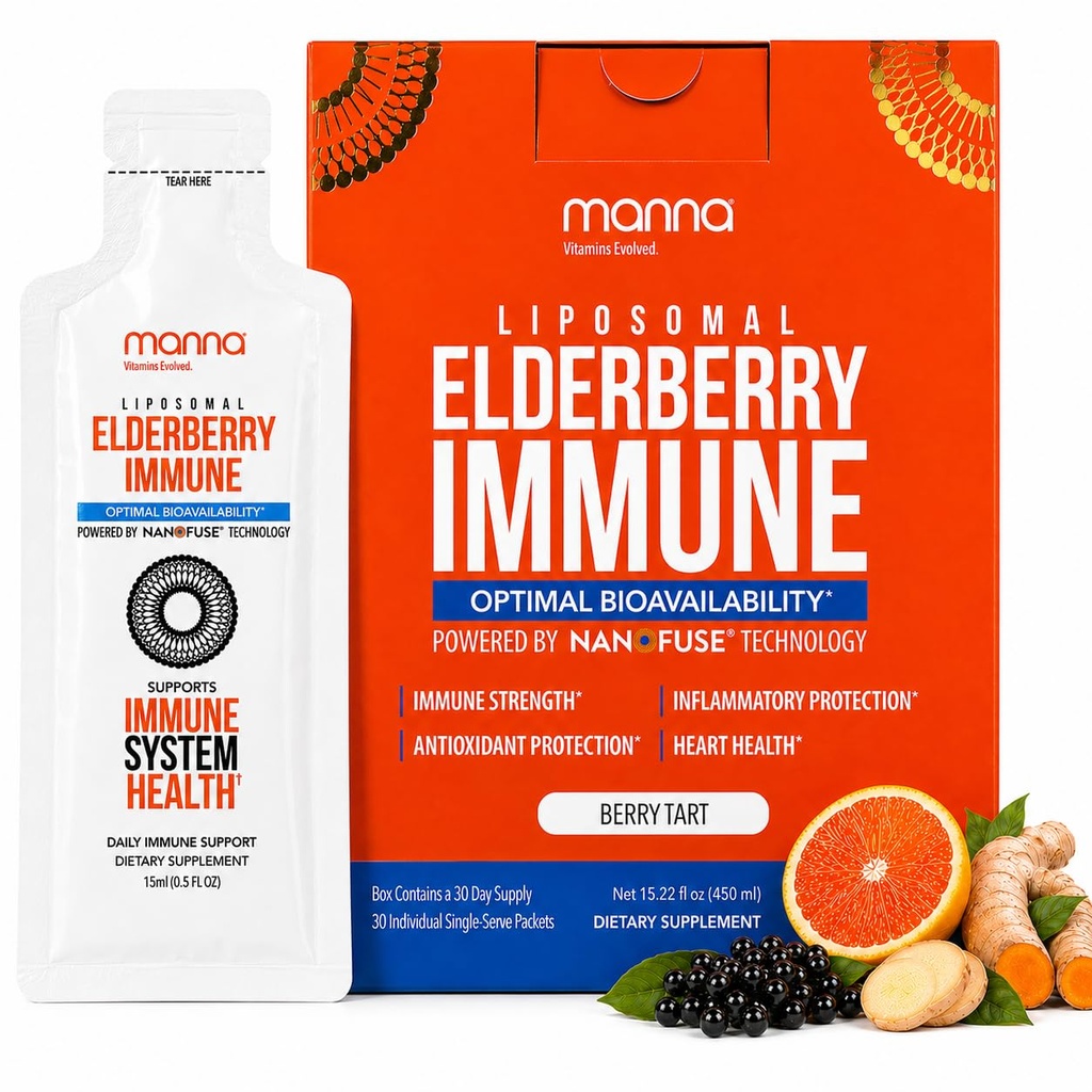 Manna ויטמינים Evolved Liposomal Elderberry Immune Packets, ויטמינים C, D וכו ' - דיילי Immune תמיכה למבוגרים, ילדים - סוכר חינם, חיץ, סירופ, נסיעות ידידותי, 15 Pack