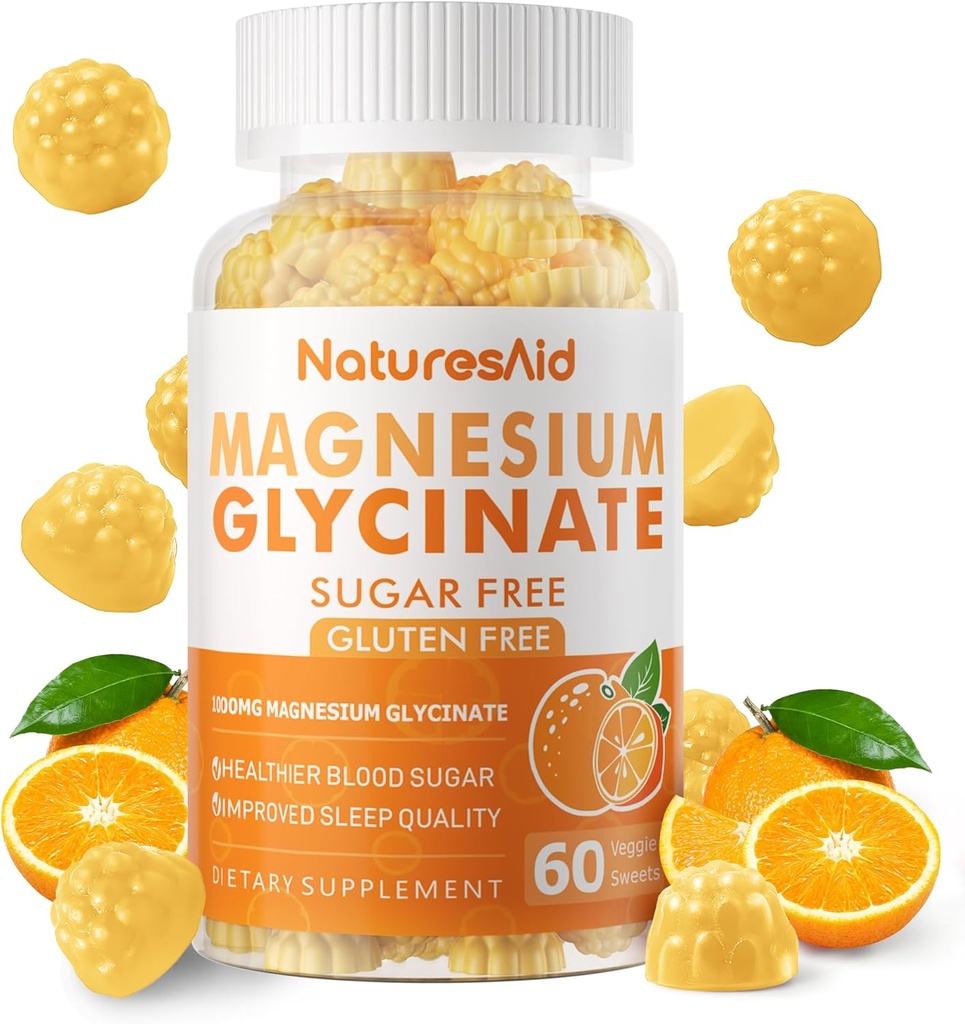 Magnesium Glycinate Gummies 1000 מ"ג - סוכר חינם Magnesium Potassium תוספת עם ויטמין D, B6, CoQ10 עבור Calm Mood & Sleep Support - 60 חניכיים כתום 1 Pack