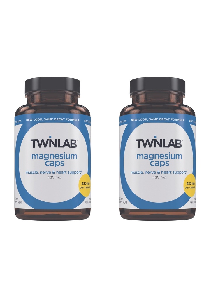 Twinlab Magnesium Caps - High Absorption Magnesium תוסף לתמיכה ב- Cramps הקלה - מגנזיום קפסולות עבור הקלה מתח, 420 מ"ג, 100 Count, 2 Pack