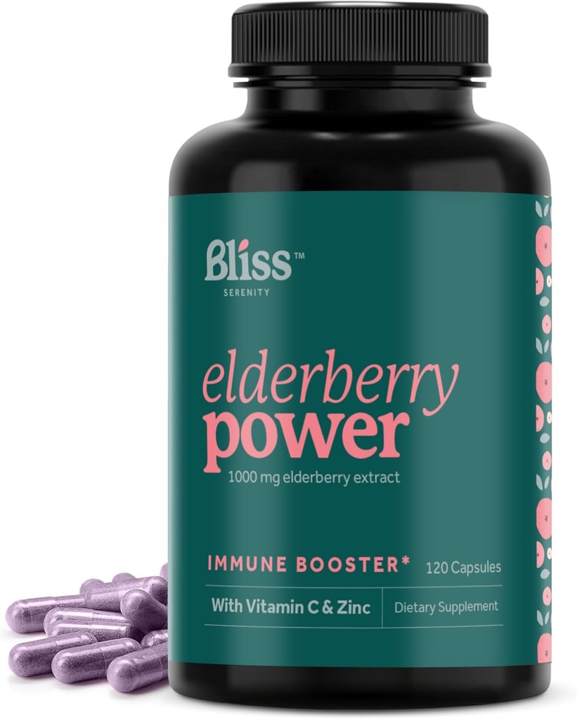 Elderberry עם Zinc ו ויטמין C למבוגרים - Sambucus Elderberry קפסולות - 1000 מ"ג לחלץ, Immune תמיכה תוספת לנשים וגברים, עם Antioxidant פירות תערובת, 120 Vegcaps, 60 יום אספקה