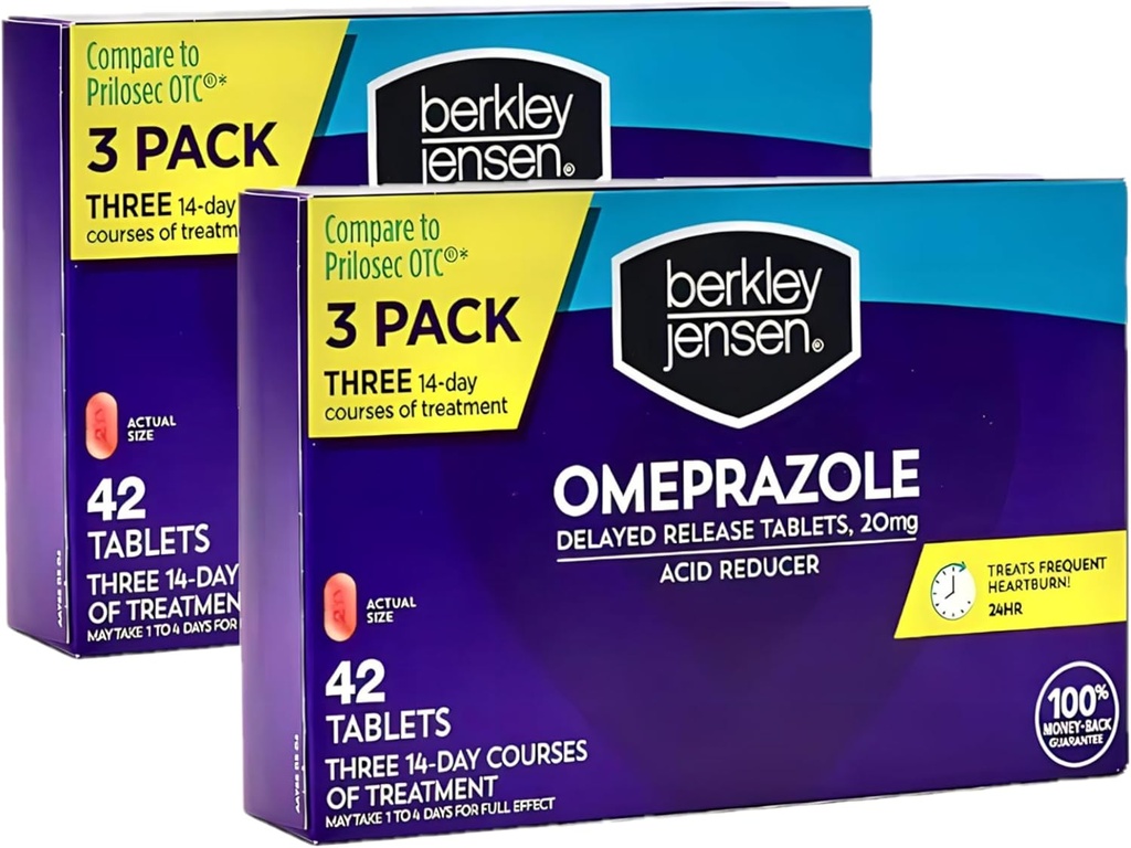 berkley jensen Omeprazole 20 מ"ג נדחה טבליות - Heartburn Medicine- Acidductionr Pills - Treats Frequent Heartburn - 3 x 14-Day Courses, 42 Count (Pack of 2)