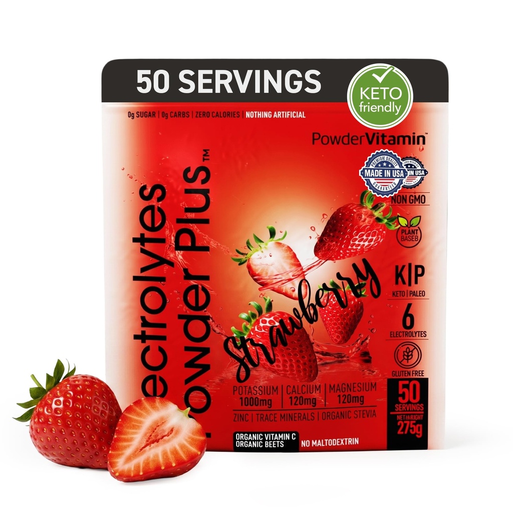 אבקהVitamin אלקטרוליט אבקת פלוס Keto, Strawberry (50 משרתים) 0 סוכר, No Maltodextrin, 1000mg Potassium, 120 מ"ג Calcium, 120 מ"ג מגנזיום, ויטמין C, Zero Calories, אבקת הידרה אנרגיה