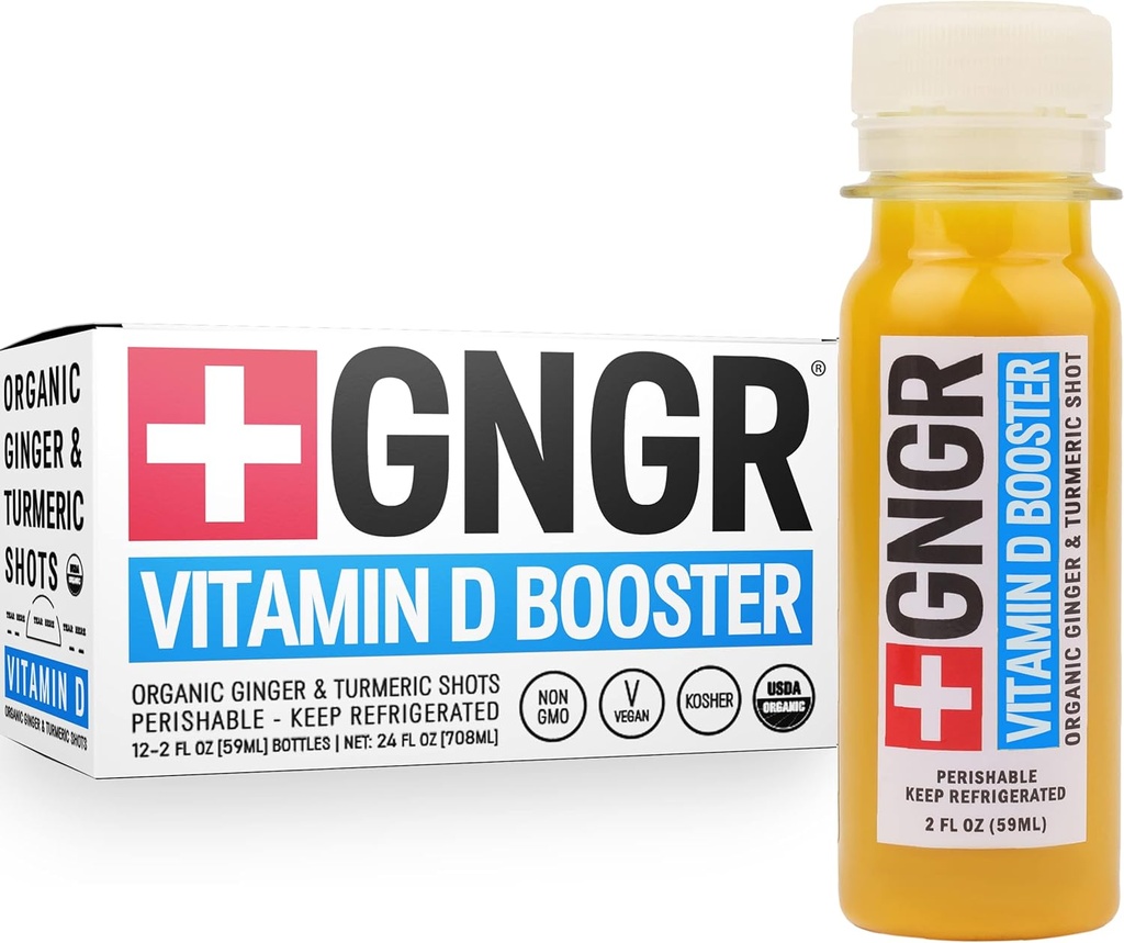 +GNGR ויטמין D Booster - Immunity Booster Edition Cold-Pressed Gig Shot with Pineapple, Passion Fruit, Orange, Turmeric & ויטמין D3. Mood, Immunity & Energy. 2 floz (Pack of 12)