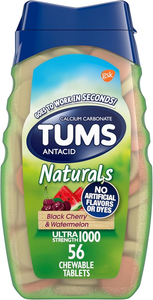 TUMS Naturals Ultra Power Antacid Chews for Heartburn, Black Cherry & Watermelon - 56 הרוזן