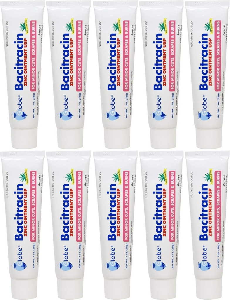 Globe Bacitracin Zinc Ointment 1 oz | Antibiotic Ointment | Essential Antibiotic First Aid Supplies | ריפוי פעולה | כוח אנטיביוטי מקסימלי | מונע זיהום בחתכים, גרוטאות, כוויות | 10 PACK |