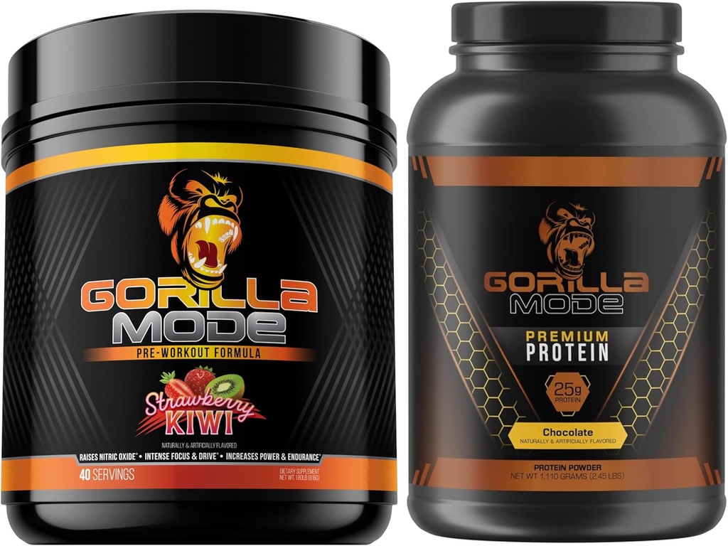 Gorilla Mind Pre Workout (Strawberry קיווי) + Premium Whey חלבונים (Chocolate) - מקיף עבור דלק תוצאות מקסימליות