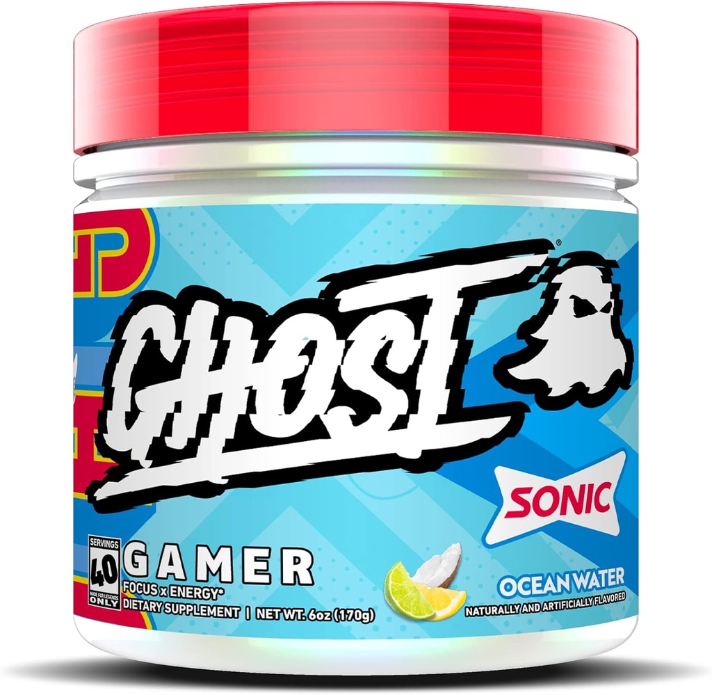 Ghost Gamer: Energy and Focus Support Formula - 40 משרתים, Sonic Ocean Water - Nootropics & Natural Caffeine for Attention, Accuracy & Reaction Time - טבעוני, ללא גלוטן