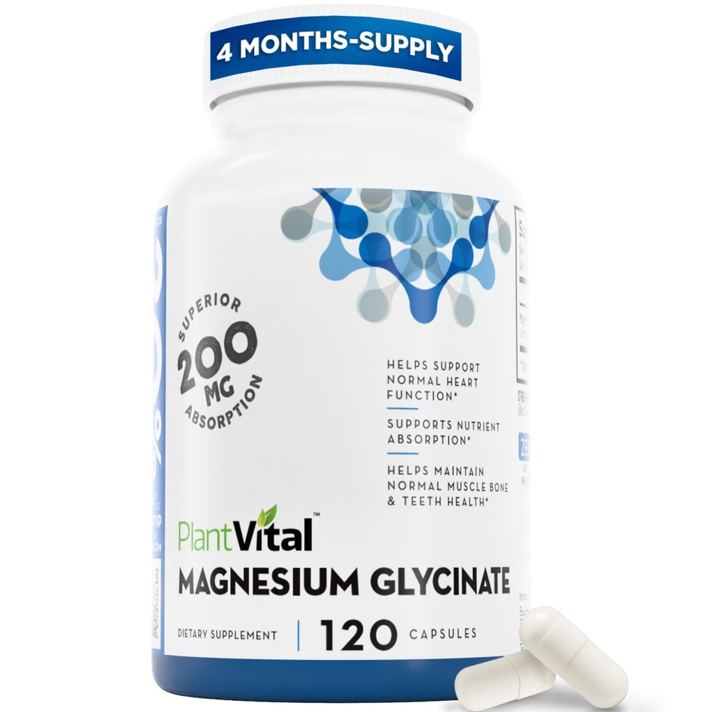 PlantVital Magnesium Glycinate 200 מ"ג 120 קפסולות - High Absorption, non-GMO, טבעוני, Gluten-Free - תומך שינה נורמלית, שרירים ותפקוד עצבי, בריאות הלב והעצמות הרגיל, עזור להרגיש Calm & להירגע.