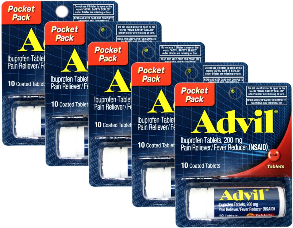 Advil Ibuprofen 200 מ"ג (NSAID) Pocket Pack, 10 טבליות coated (Pack של 5)