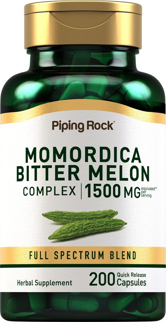 Piping Rock Bitter Melon קפסולות | 1500 מ"ג | 200 גלולות | Momordica Charantia Extract; Complex Herb תוסף | Non-GMO, Gluten Freeten