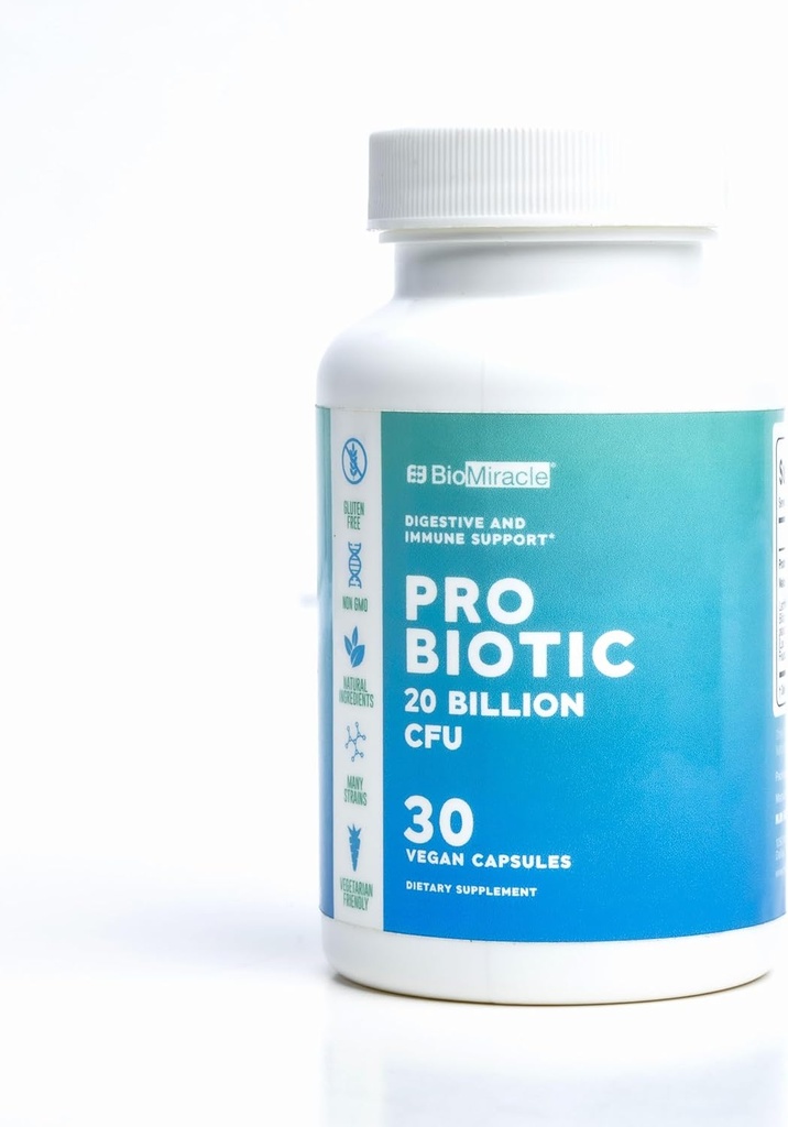 BioMiracle Pro Biotic 20 מיליארד CFU, Gluten Freee, Non-GMO, תרכובות טבעיות, סטרינס רבים, ידידותי צמחוני.