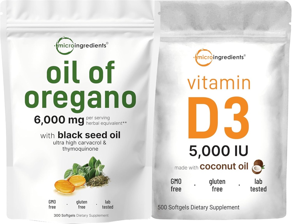 שמן Micro Ingredients של Oregano Softgels 6,000 מ"ג Per Serve & ויטמין D35,000 IU Bundle Pack | 4X Power Carvacrol & Thymoquinon | ויטמין D כמו Cholecalciferolol
