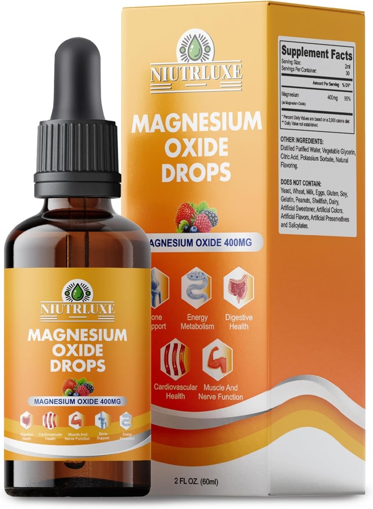 מגנזיום נוזלי Oxide 400 מ"ג טיפות - מגנזיום נוזלי תוסף Oxide עבור העצם, שריר, בריאות הלב, מגנזיום sublingual Magnesium Oxide, High Potency, Easy-to-Absorb, 60 מ"ל