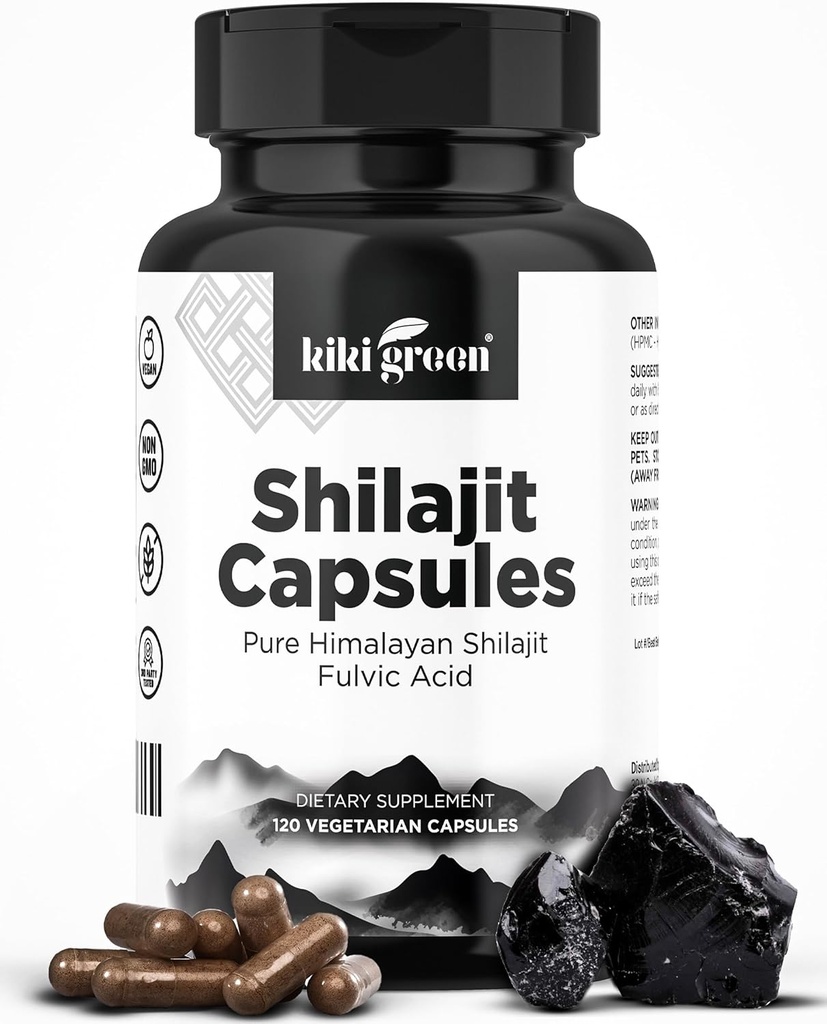 KIKI Green Shilajit קפסולות - תוספי ההימלאיה, 40% Fulvic Acid ו- Trace מינרלים - 500 מ"ג לשרת כוח, אנרגיה, חסינות - 120 טבעוני הרוזן