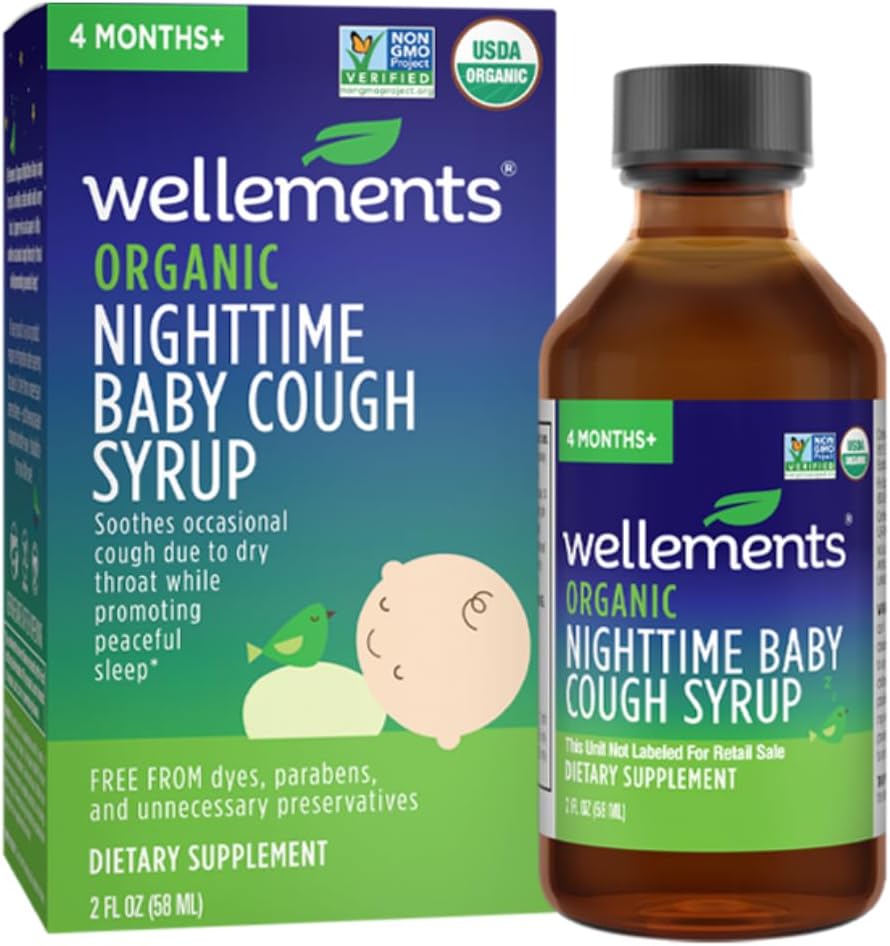 Wellements Organic Nighttime Baby Cough Syrup | Soothes Occasional Cough בשל גרון יבש תוך קידום שינה של לילה של שלום *, USDA אורגני | 2 Fl Oz, 4 חודשים + 4 חודשים +