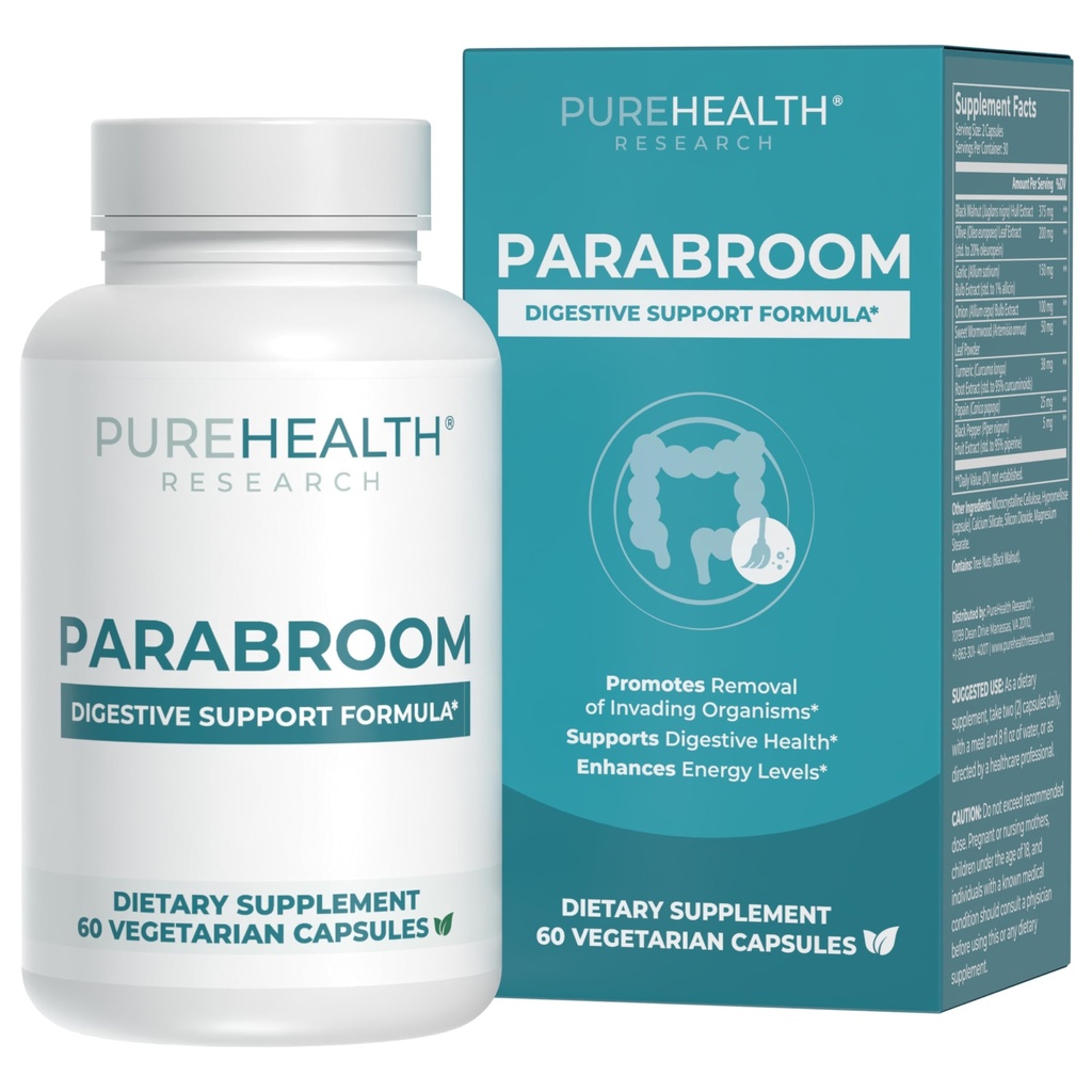 PUREHEALTH RESEARCH Parabroom - Gut נקיים ובריאות תוספת - עם Black Walnut, Sweet Wormwood אבקת, Turmeric Extract, Garlic & Onion - תמיכה מזיקה לנשים וגברים 60 קפסולות