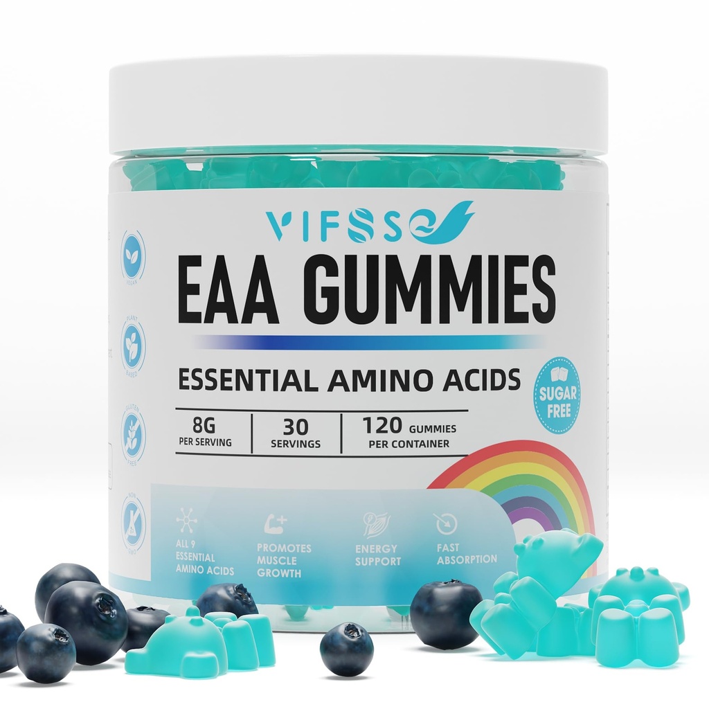 EAA Gummies 120 חניכיים (בלום כחול), Essential Amino Acids - All 9 Essential Aminos (EAA) וכלChain Aminos (BCAAs), Non-GMO, Gluten Free, Vegetarian Friendly Friendly Friendly