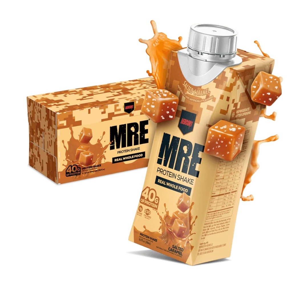 REDCON1 MRE מוכן לשתות שקיות חלבון, Salted Carmel - משקאות חלבון עם מקורות מזון שלמים - סוכר חינם RTD שקד פורמולה לדלק ספורטאים בכל עת (12 Pack)
