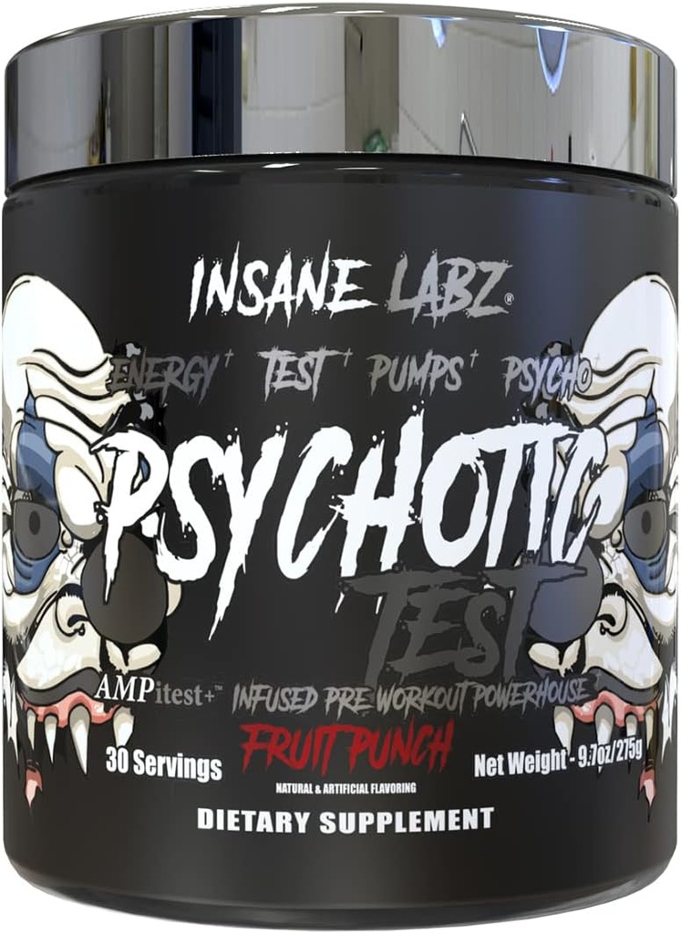 Insane Labz Psychotic Test, High Stim טסטוסטרון Energy and Pump Boosting טרום-Workout אבקה עם DMAE Bitartrate, D Aspartic Acid, Creatine HCL ו- Glycerol Monostearate, 30 משרתים, פירות פולינצ'ה bitartrate, D Aspartic Acid, קריטין HCL ו- Glycerol Monostearate.