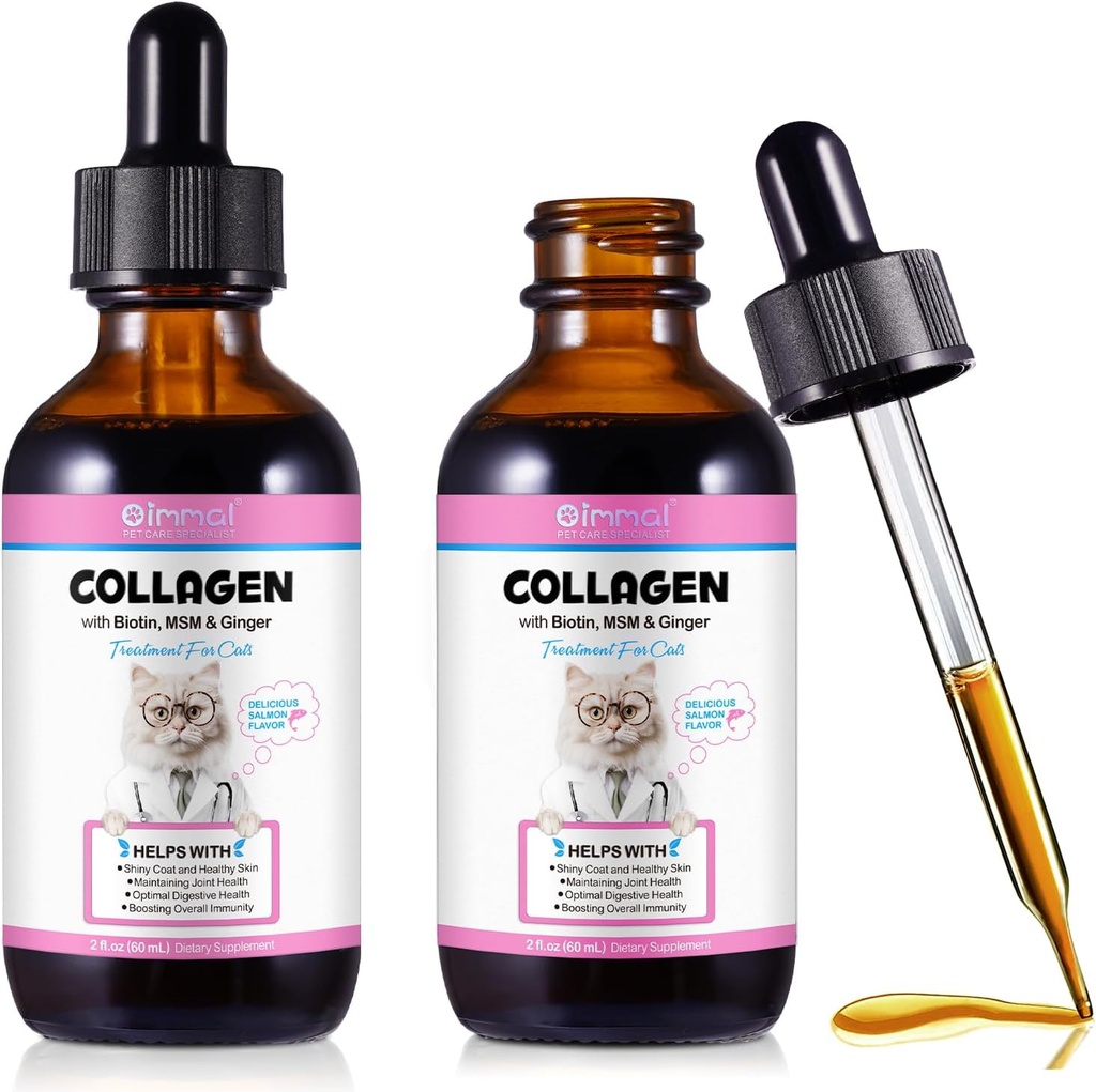 קולג'ן לחתולים, Cat Collagen נוזל טיפות עם biotin, MSM & הג'ינג'ר Digestive & Immunity Support, Itch Relief, Skin & Coat and Joint Health, תוסף 60 מ"ל -2pcs