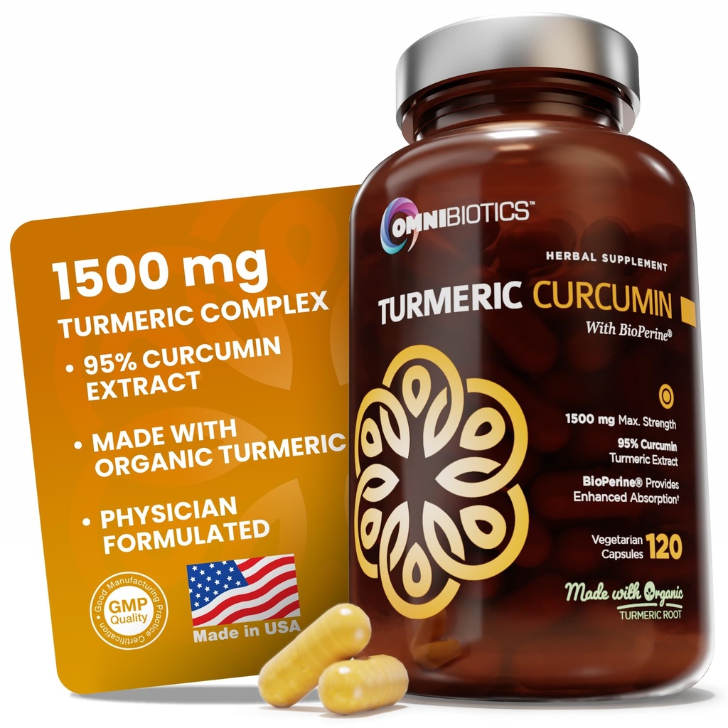 OmniBiotics אורגני Turmeric Curcumin תוסף עם Black Pepper - 1500 מ"ג Turmeric עם 95% Curcuminoids & BioPerine, Absorption גבוהה עבור תמיכה משותפת - 120 קפסולות טבעוניות