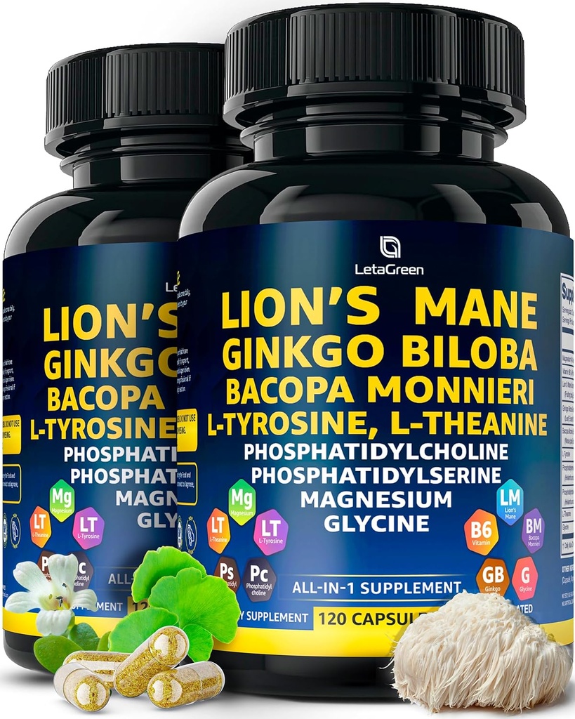 אריות אורגניות Mane תוספי קפסולות - 240 Real Mushrooms Lion's Mane כמוסות עם ג'ינקגו בילובה Herb, Bacopa Monnieri, L Theanine, L Tyrosine - מתחם Mushroom עבור Daily Wellness