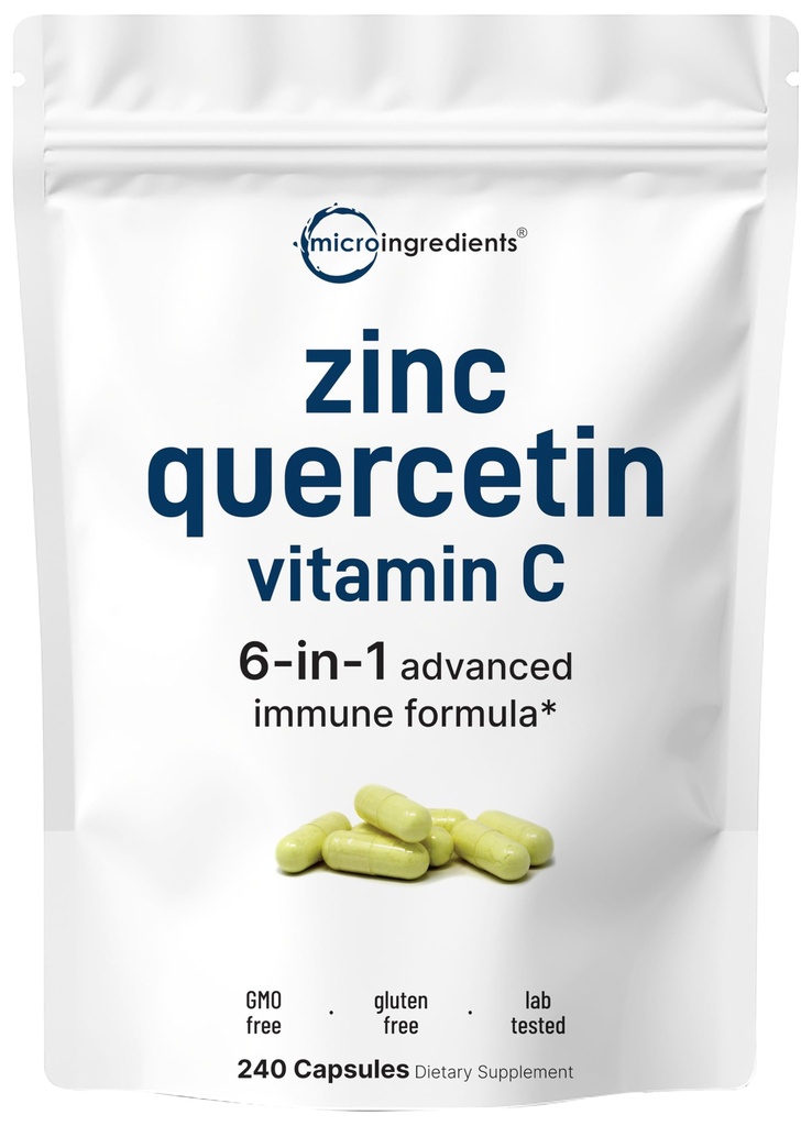 Micro Ingredients Quercetin עם ויטמין C ו Zinc, 240 קפסולות | Quercetin 500 מ"ג, ויטמין C 500 מ"ג, Zinc 50 מ"ג (Picolinate, Citrate, Glycinate, Gluconate)