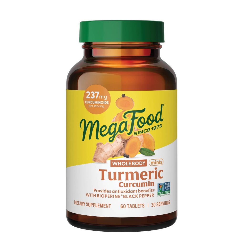 Mega Food Whole Body Minis Turmeric Curcumin תוסף Turmeric בתוספת Black Pepper - 237 מ"ג Curcuminoids Per משרת - Antioxidant & Immune Support - טבעוני - 60 מיני טבליות, 30 משרתים