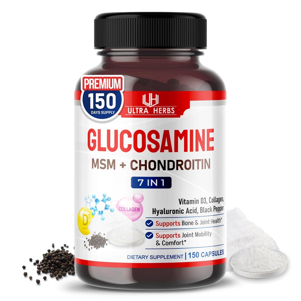 Glucosamine Chondroitin MSM - תוספת תמיכה ניידות משותפת משופרת עם Collagen, Hyaluronic Acid, ויטמין D3 | 150 קפסולות