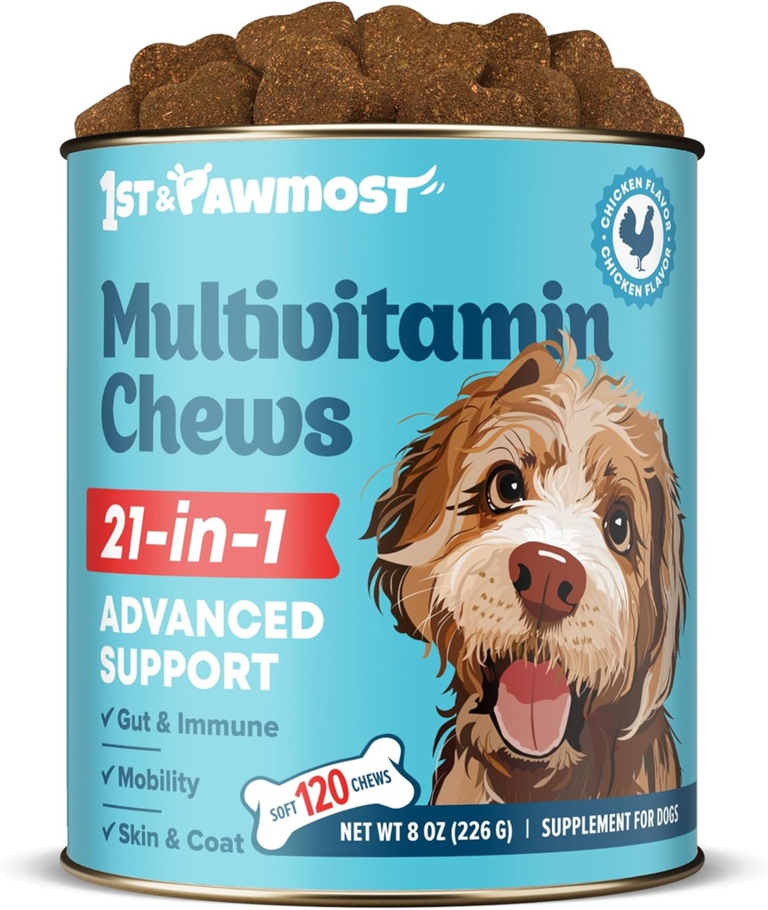 21-in-1 כלב Multivitamin - ויטמינים לכלבים ותוספים לכלבים מבוגרים ו Puppies - Multivitamin for Dogs for Skin, Coat, Heart, Immune Support - כלב רביטמינים צ'ווג עבור תמיכה משותפת -120pcs
