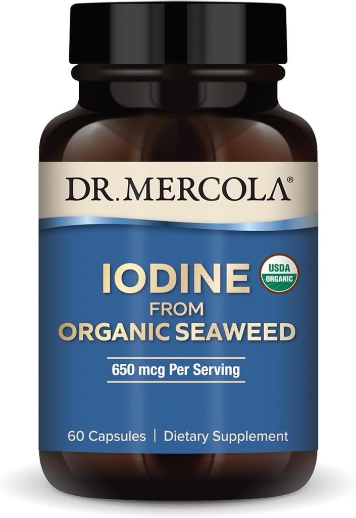 Dr. Mercola Iodine from Organic Seaweed, 650 mcg Per משרת, 30 משרתים (60 קפסולות), תוספת תזונתית, Thyroid ותמיכה באנרגיה, non-GMO, USDA אורגני
