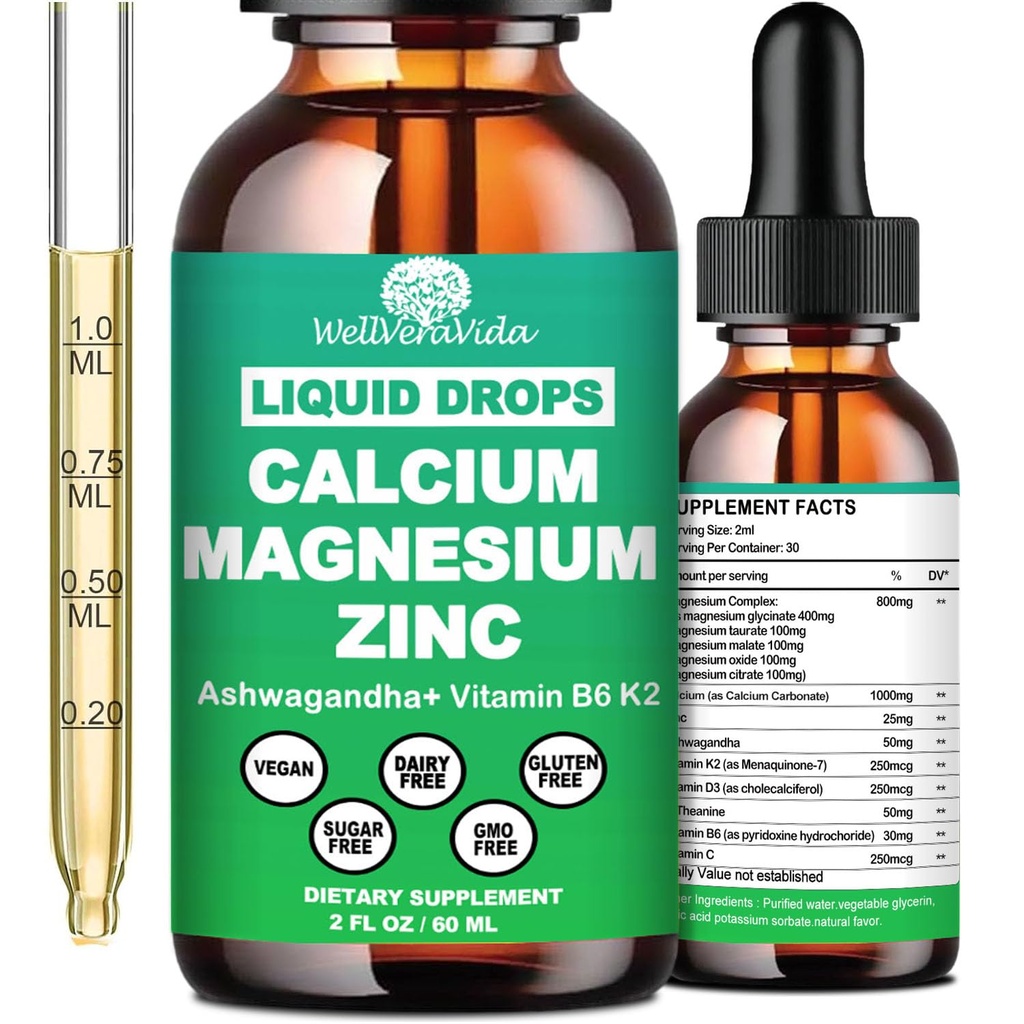 Calcium Magnesium Zinc נוזל טיפות עם ויטמין D3 K2, High Potency Calcium Magnesium תוספת w / Magnesium Complex, Zinc, Theanine丨Gluten חינם סיבולת עבור Immune, Bone,mus, Mood & Sleep Support תמיכה תמיכה תמיכה תמיכה תמיכה תמיכה בשינה.