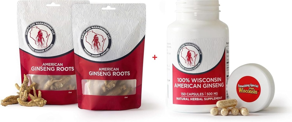 שוק החלב האמריקני ג'ינסנג Roots 16 oz ו קפסולות 150 ct Pack של ויסקונסין גינזנג - ישירות מחקלאים לצרכנים